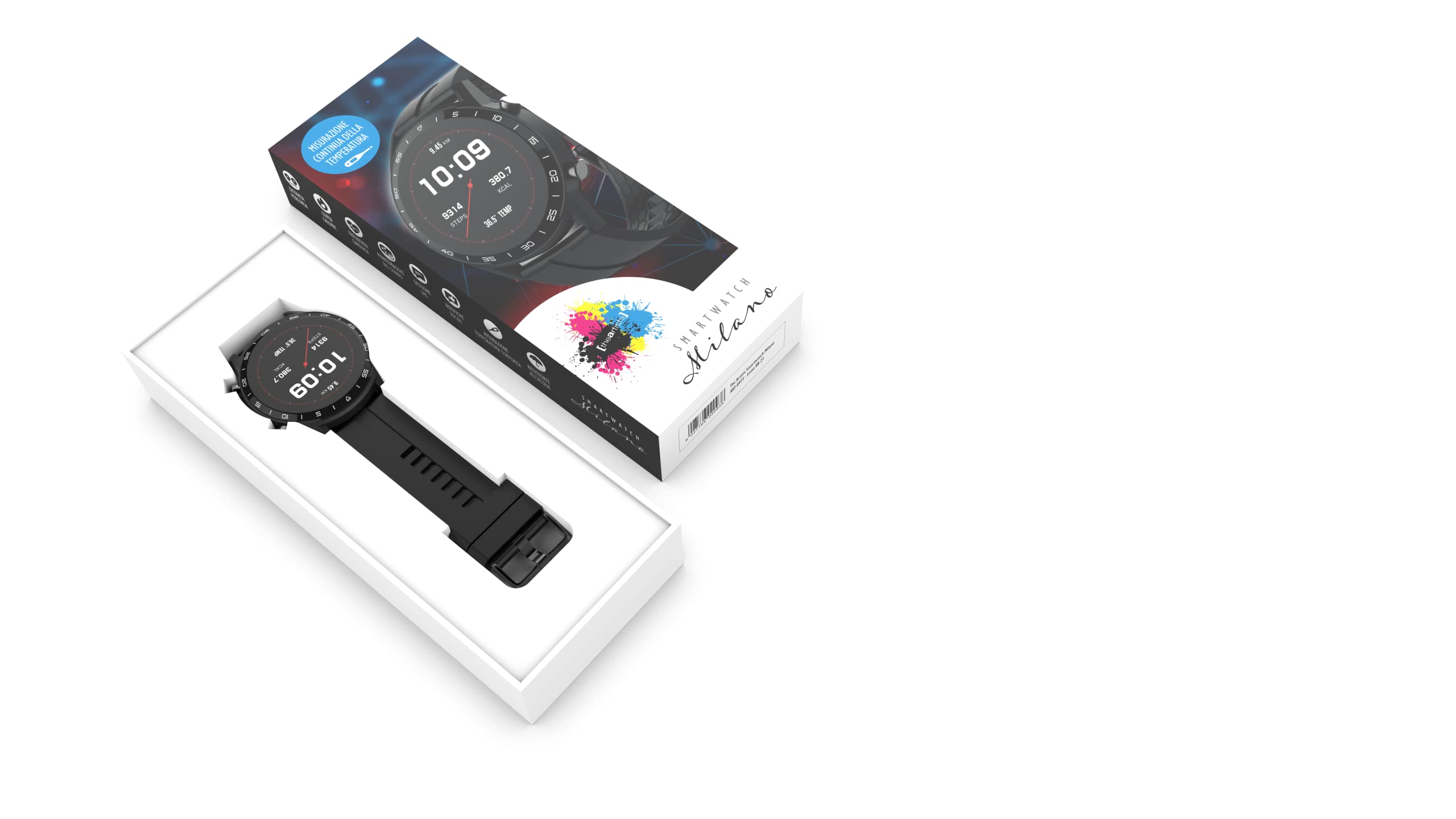 Smartwatch Uomo Donna The Artists Milano, impermeabile IP68, frequenza cardiaca, temperatura corporea, attività sportiva, contapassi e calorie, notifiche social e meteo, batteria a lunga durata