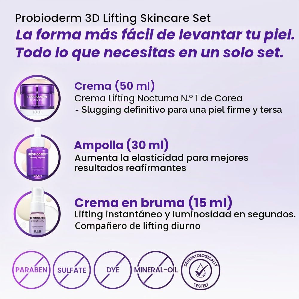 BIOHEAL BOH Probioderm 3D Lifting Face Care Kit | Crema hidratante facial nocturna antienvejecimiento, vial y spray facial de suero | Kit de cuidado facial coreano para reafirmar e hidratar | Set