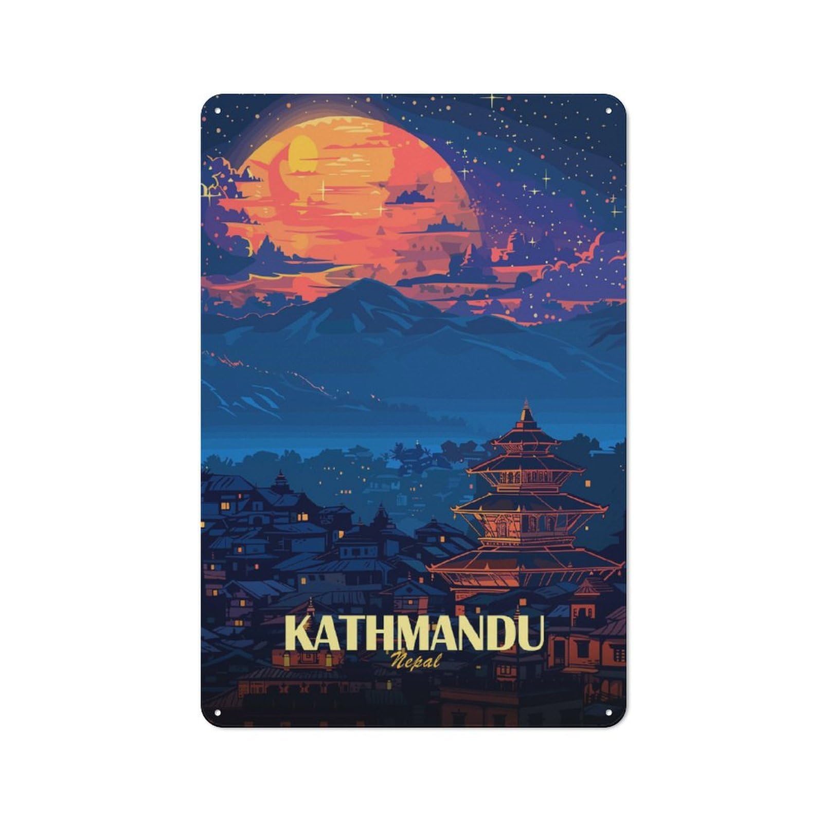 Kathmandu Nepal Nightscape Art Retro Metal Wall Decor 30x20cm, Vintage Metal Sign for Cafe, Pub, Workshop Or Home Bar