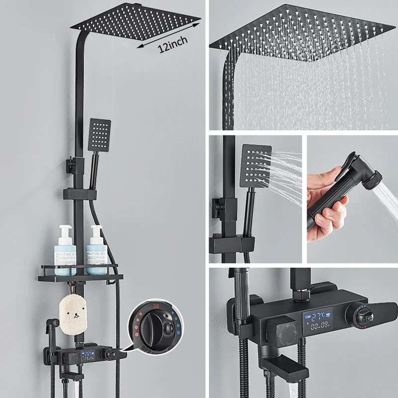 Ensembles de Douche Thermostatiques Noir pour Éviter les Brûlures avec Étagère Intégrée