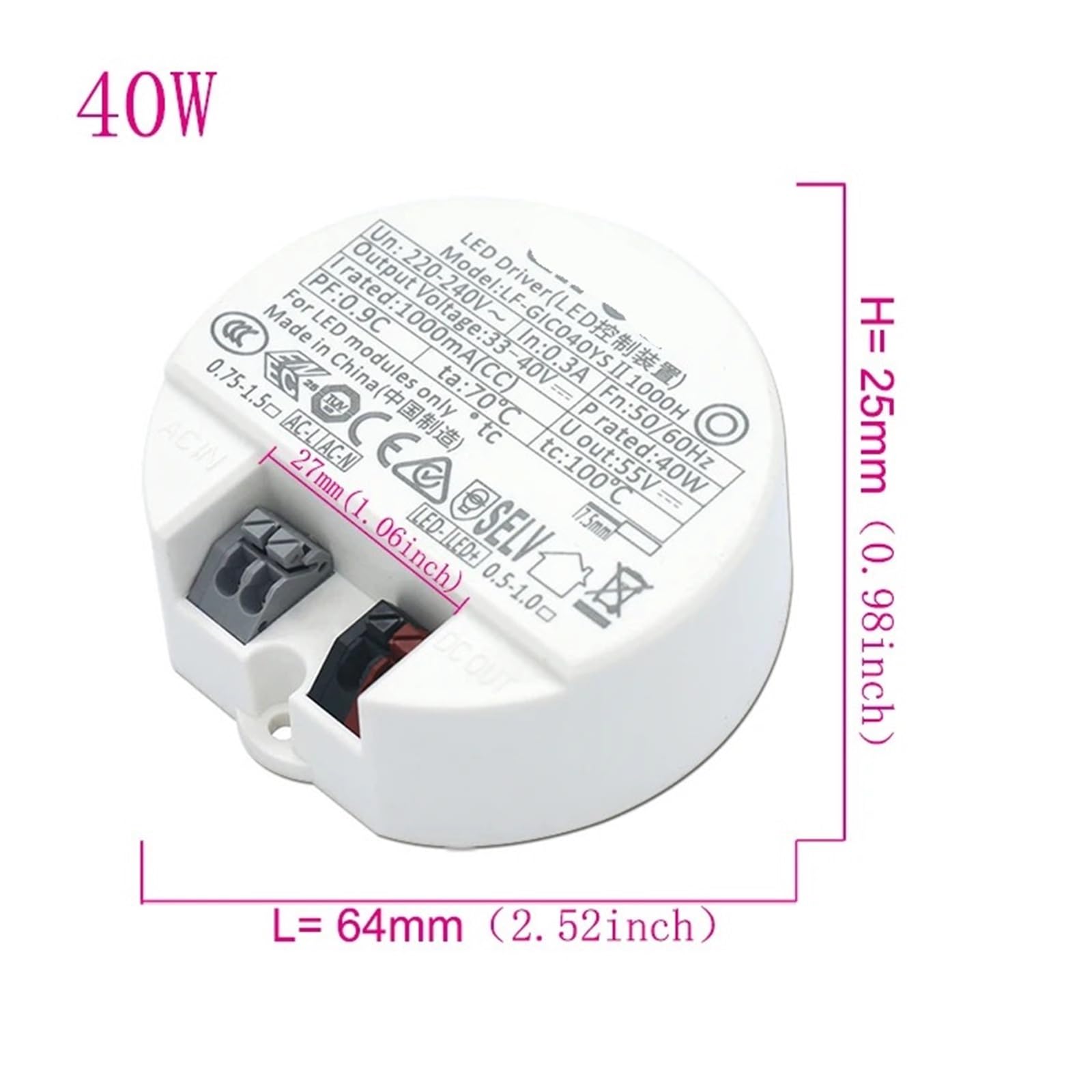 LED Driver 40W 30W 20W 18W 14W 12W 10W no Need to Weld DC33-40V lamp Ceiling Power Supply Lighting Transformer AC220-240V White(40W)