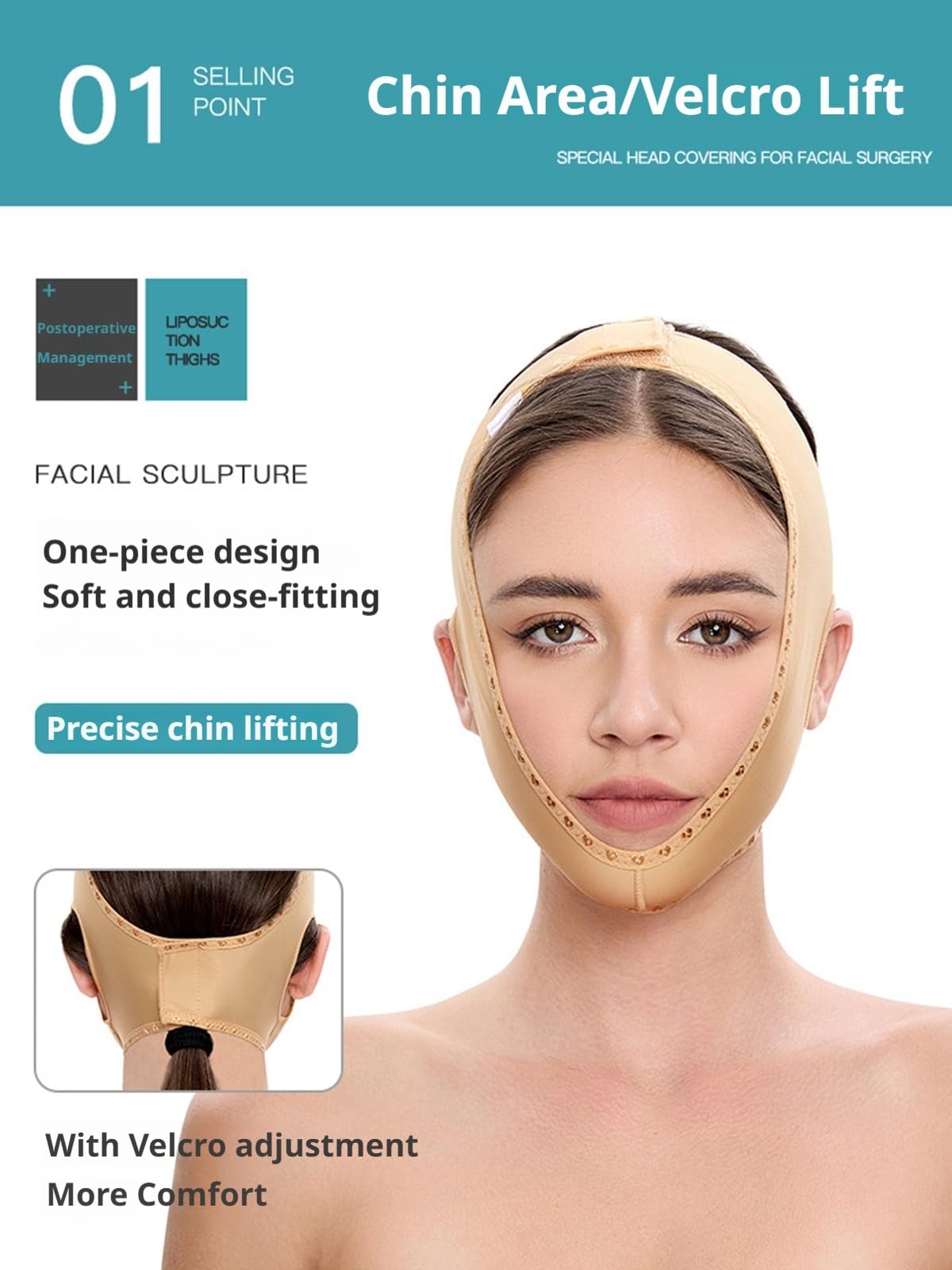 Ceinture de tonification du Visage pour Femmes, Ceinture pour Double Menton après liposuccion, vêtement de Compression Amincissant pour Le Visage, Beige (Grande Taille)