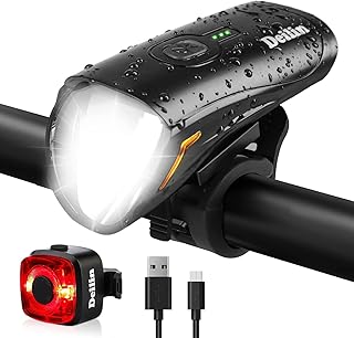 Deilin Bicycle Light Set, Up to 70 Lux LED Bicycle Light, USB Rechargeable Bicycle Lamp, IPX5 Waterproof Bicycle Lights, Front Rear Light, Bicycle Light Set