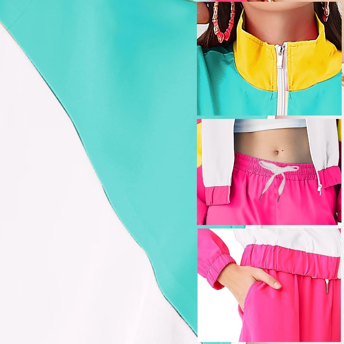 Women's 80s 90s Outfits Tracksuit Costume Accessories Set, Color Block Windbreaker Jacket Neon Fanny Pack - Image 5