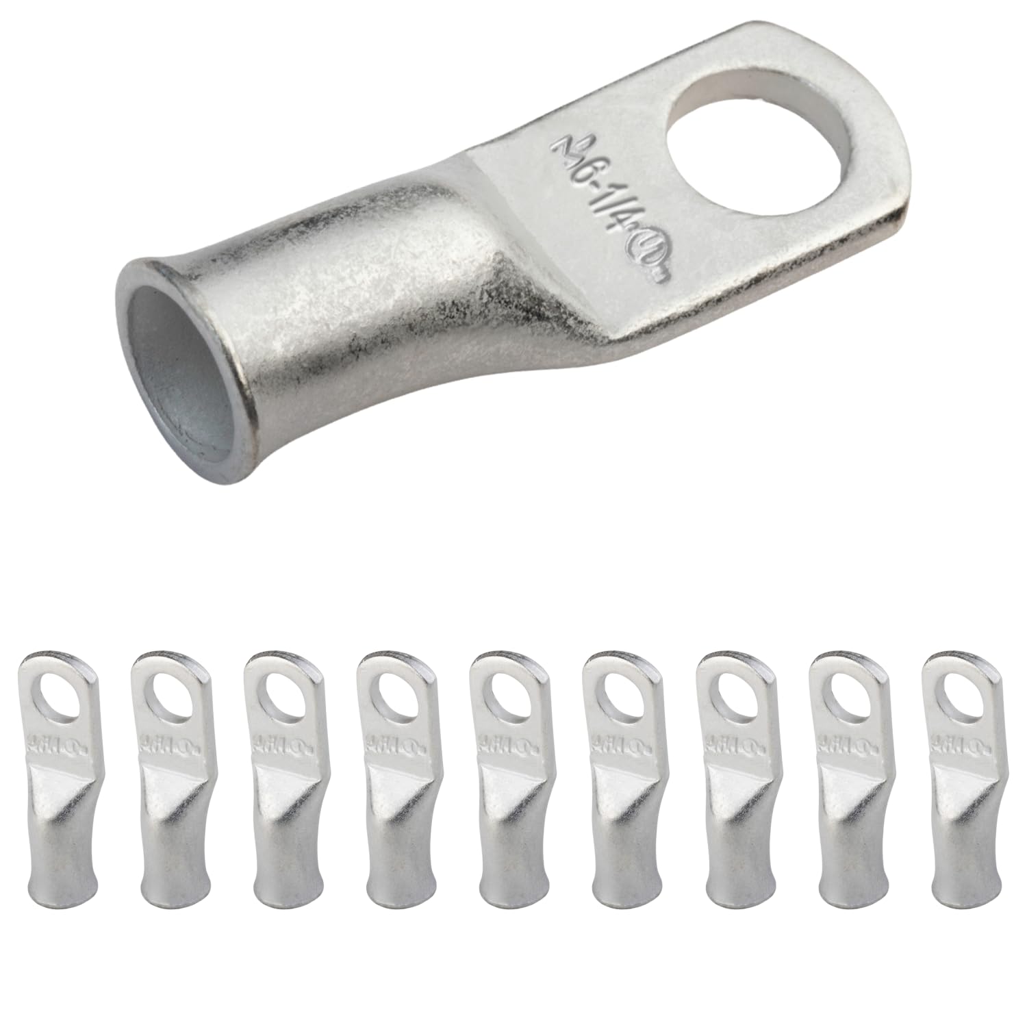 SELTERM 10pcs 6 AWG-1/4 Stud Tinned Copper Wire Lugs, Heavy Duty Battery Cable Ends,6 Gauge Ring Terminals, UL Battery Lugs Marine Grade Copper Eyelets Electrical Battery Terminal Connectors