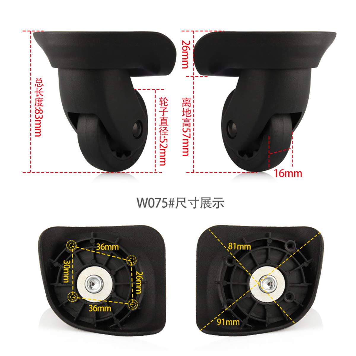 Recambio Ruedas Maletas, Ruedas de Repuesto for reparación de Equipaje, giratorias de 393 Grados con Tornillos, Paquete de 2, Color Negro