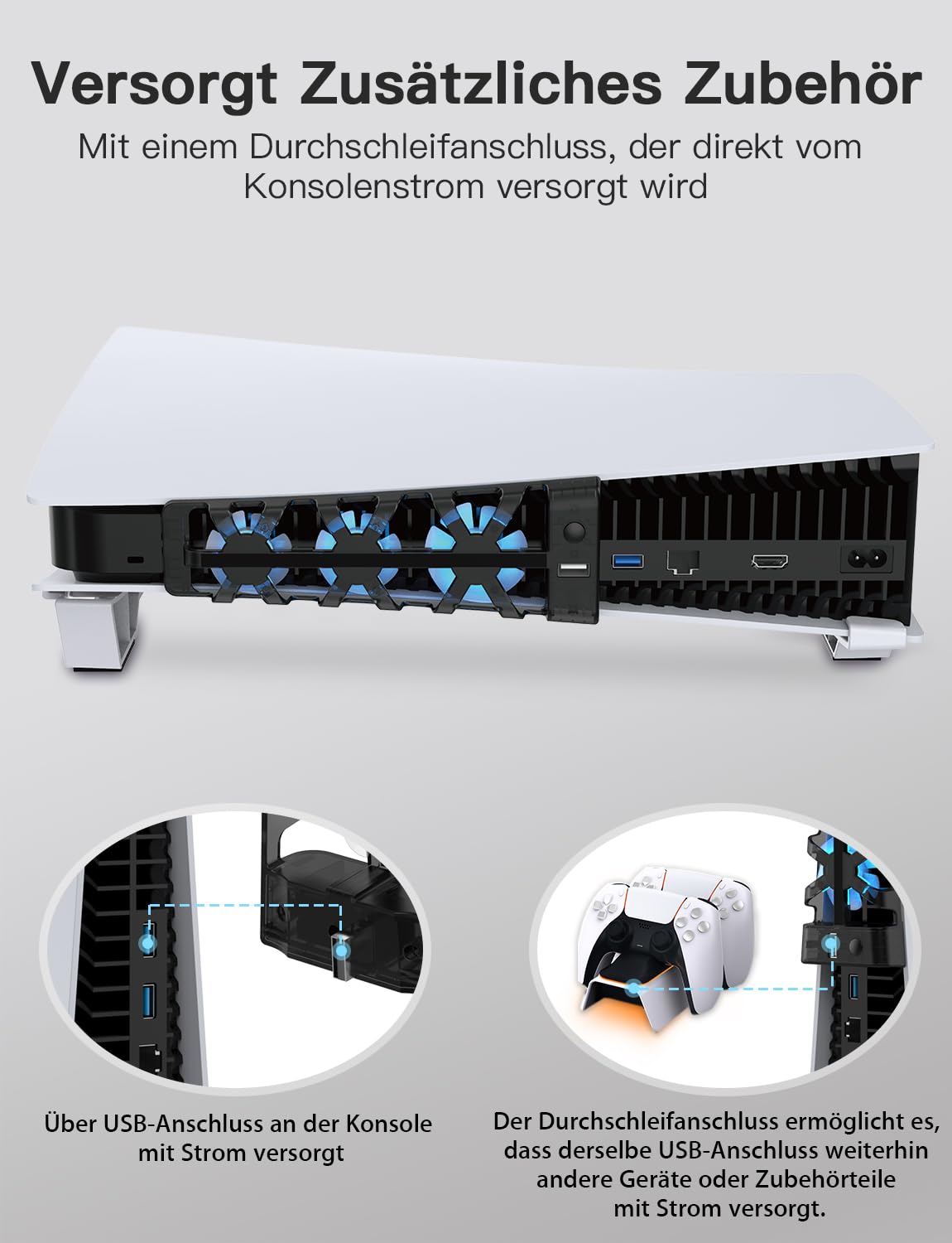 NexiGo PS5 Horizontaler Ständer mit Kühlventilator, [Auto EIN/Aus], [Minimalistisches Design], Kompatibel mit PlayStation 5 Disc & Digital Editions, Integriertes LED-Licht