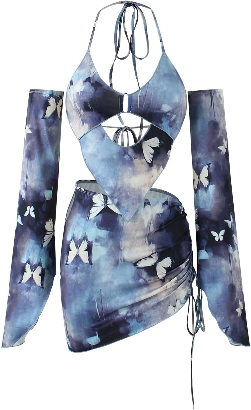 CAPE CLIQUE Rave Outfits for Womens Festival Sexy Y2K 2 Piece Outfits Summer Long Sleeves Birthday Party Clubwear