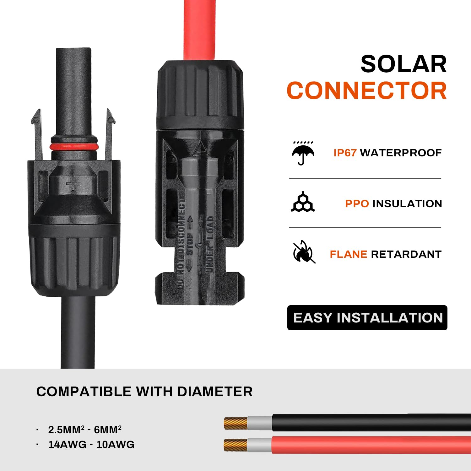 50 Pares Conectores Solares – Opciones 5/6/12/22/32/50 Pares – 50 Pares Conectores Fotovoltaicos 10/12/14AWG con Llave, Macho/Hembra para Cableado Solar PV DIY, Negro