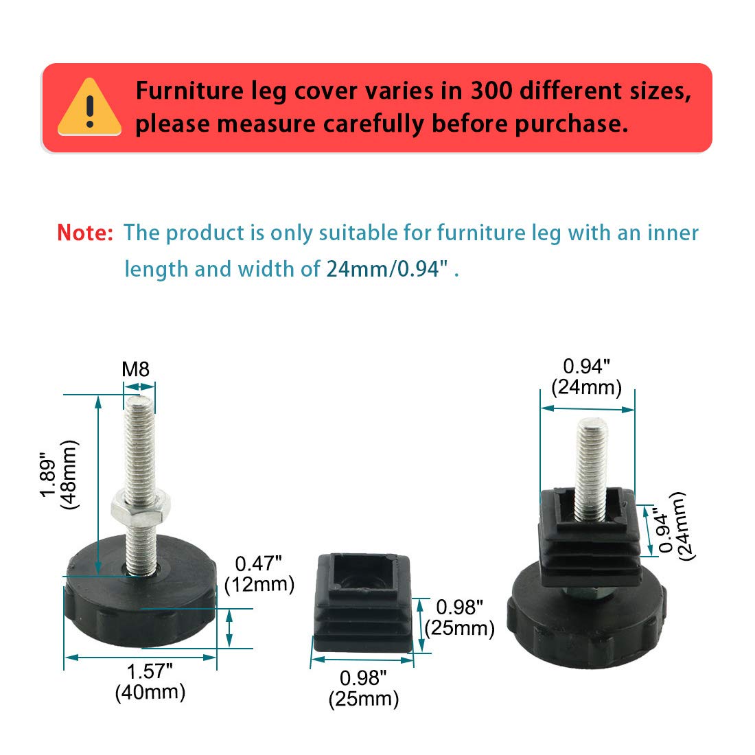 Sourcingmap Leveling Feet 25 x 25mm Square Inserts Table Leg Adjustable Leveler 4 Sets, 25x25xM8+40 - Image 2