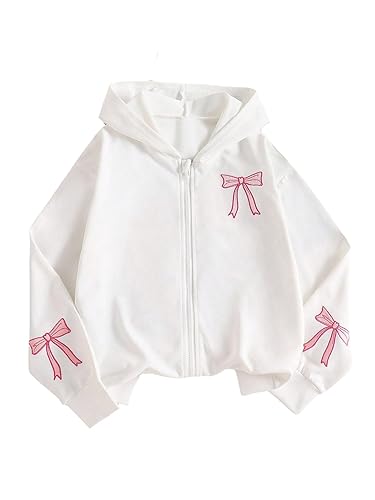 BEAUDRM Girl's Bow Graphic Zip Up Hoodie Lightweight Sweatshirts Cute