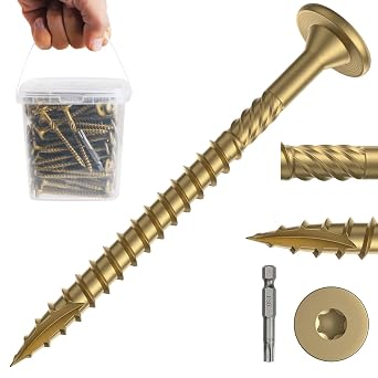 #143Inch Wood Screws, Gold Heavy Duty Outdoor Deck Screws, 150Pcs Epoxy-Coated Star Self-Tapping Screws, No Pre-Drilling Required, for Woodworking Construction Projects, with T30 Drill Bit