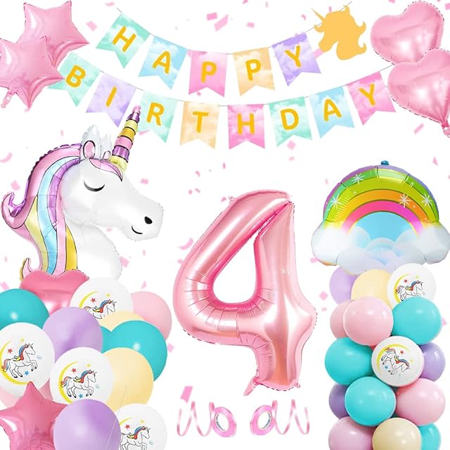 4th Unicorn Balloon Birthday Decoration Girls, YYDSXK 4th Unicorn Party Decoration Balloons, Happy Birthday Banner, Number 4 Giant Unicorn Foil Balloon Birthday Party Supplies for Kids Girls
