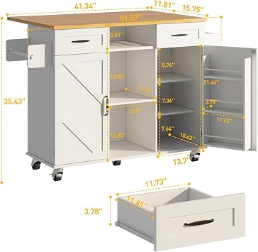 knoworld Rolling Kitchen Island with Storage Cabinet and Drawer, Drop Leaf Kitchen Cart with Casters, Farmhouse Portable Mobile Island Large Butcher Block Table with Tower/Spice Rack, White