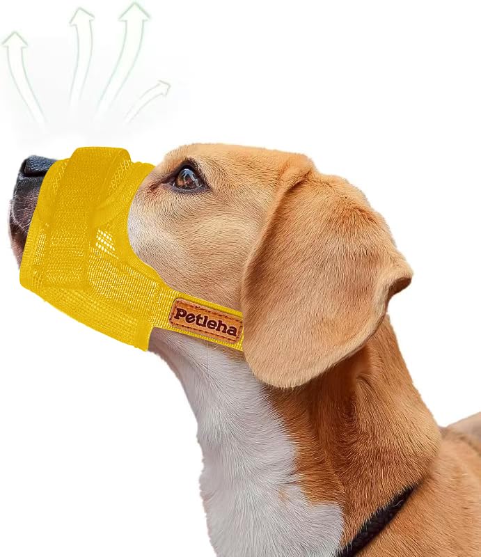 Museruola per Cani,Museruola a Rete Morbida Anti-Morso, Museruola per Animali Domestici con anello regolabile bevibile, per cani di taglia piccola, media e grande (YELLOW, L)