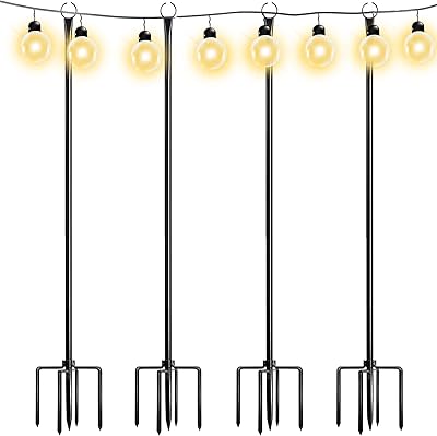 Walensee String Light Poles with Hook Outdoor Metal Lighting Pole for Hanging String Lights for Garden Party 9.4FT Lights Hanger with 5-Prong Fork Steel Stand Holder for Patio Christmas Wedding 4 Pack