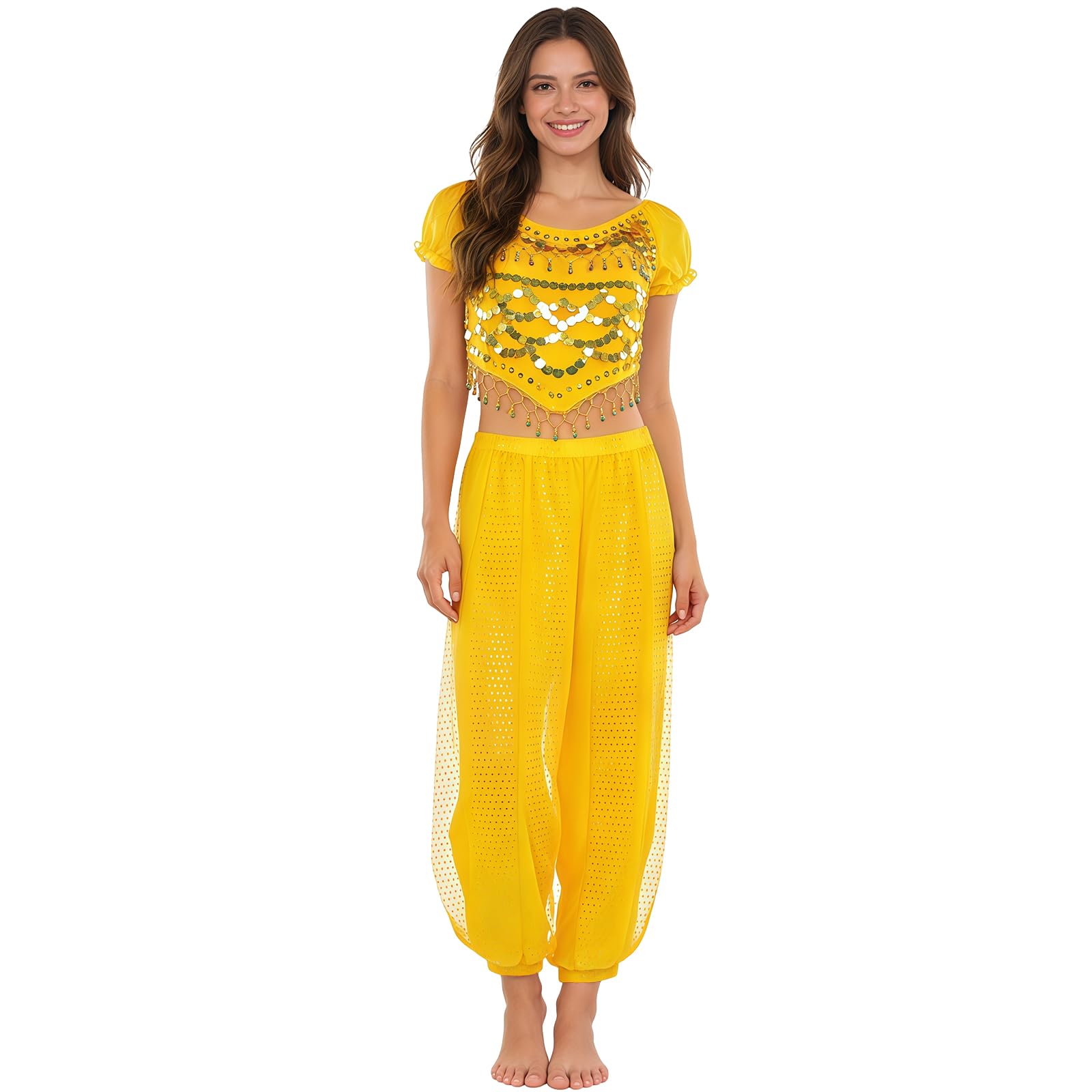Baisdan 2 Piece Belly Dance Costume, Jasmine Costume Adult Top Lantern Pants Set for Arabian Indian Halloween Carnival Dance Performance Yellow