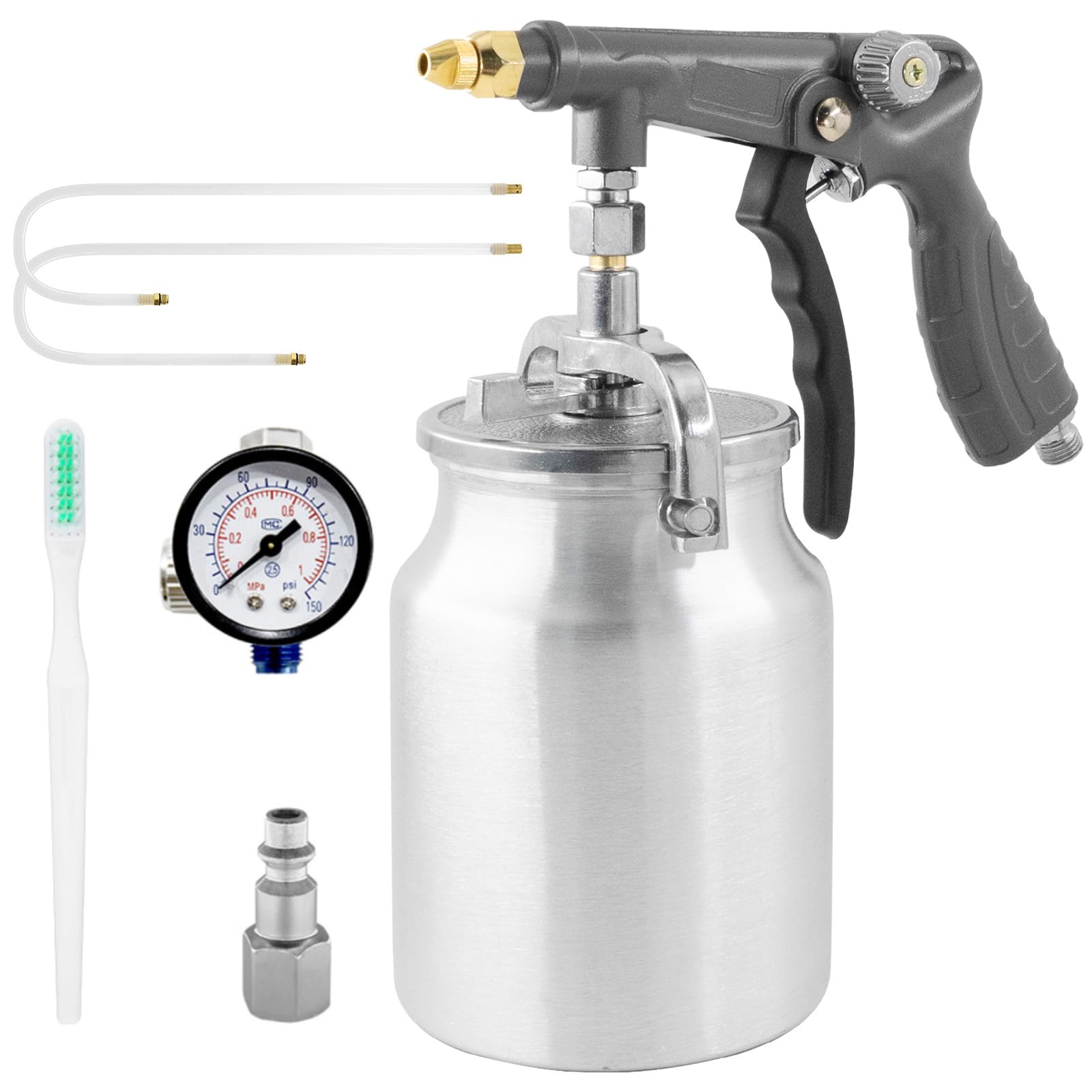 Pistolet natryskowy z przyssawką 1000 ml, 2 różdżki – 360° i proste węże natryskowe, pistolet do powlekania wykładziny łóżek ciężarowych, gumowany podkład, odporny na rdzę