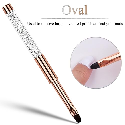 Miniatura 3 de Juego de 2 brochas de limpieza de uñas, pinceles ovalados y angulares para limpiar errores de esmalte de uñas, mango de diamantes de imitación,