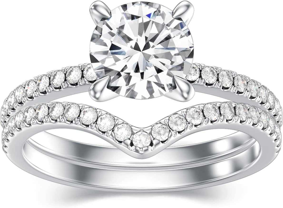 1.28 Carat (ctw) Round-Cut Moissanite Bridal Sets Wedding Engagement Ring Sets for Women, White Gold Wedding Band Engagement Rings, Customizable 925 Sterling Silver, 10k gold, 14k gold, 18k gold
