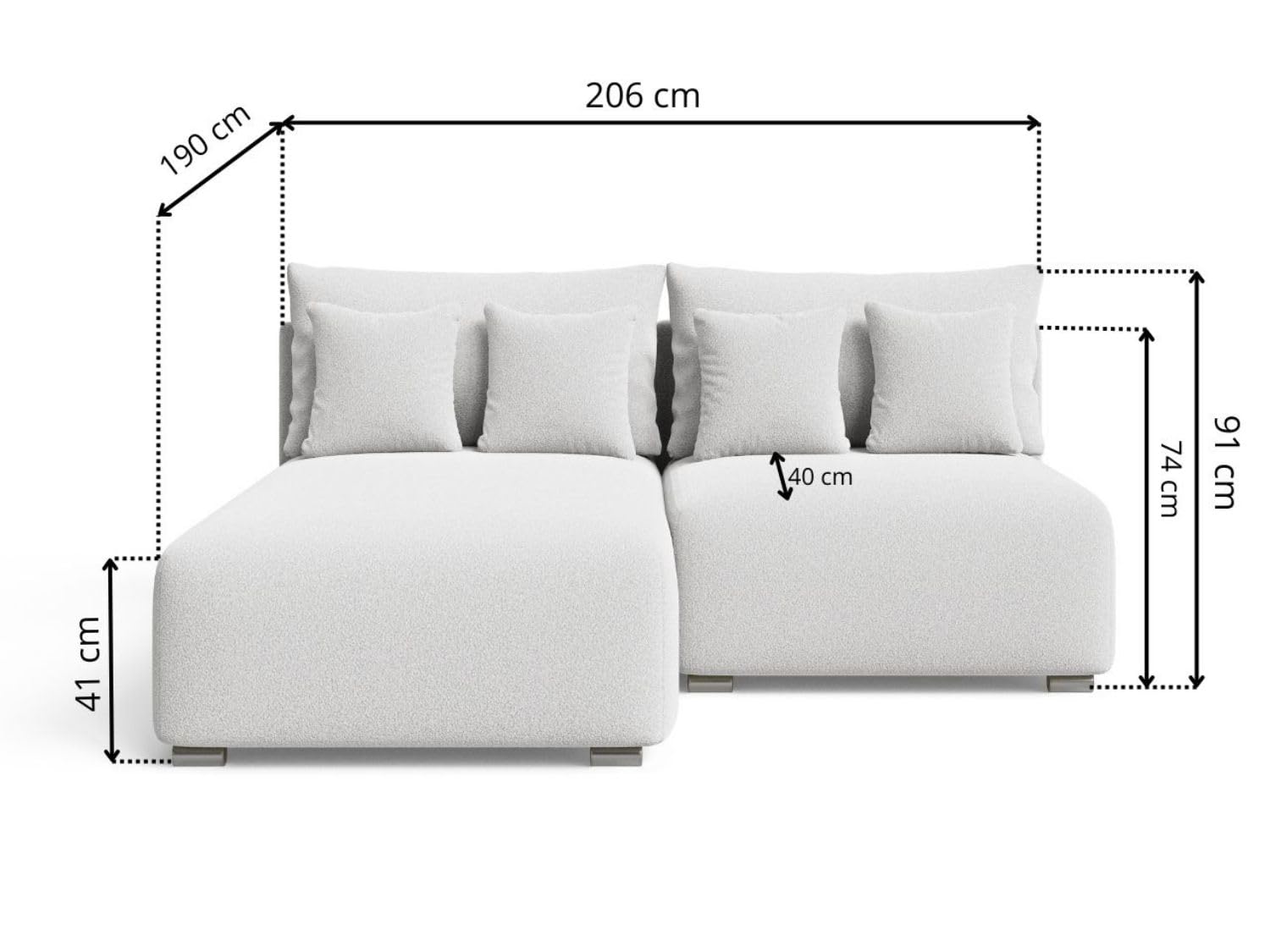 GRAINGOLD Ronni L Ecksofa mit Schlaffunktion und Bettfunktion, 206x190 cm, L-Form Sofa, Schlafcouch für Wohnzimmer, Bouclé-Stoff, 3-Sitzer Eckcouch, Ecksofa mit Stauraum (Weiß, Rechts)