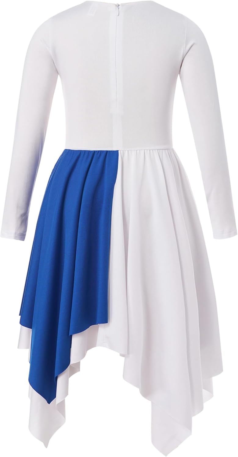 Shinsto Kids Girls Long Sleeve Praise Dance Dress Asymmetrical Liturgical Worship Church Robe Tunic