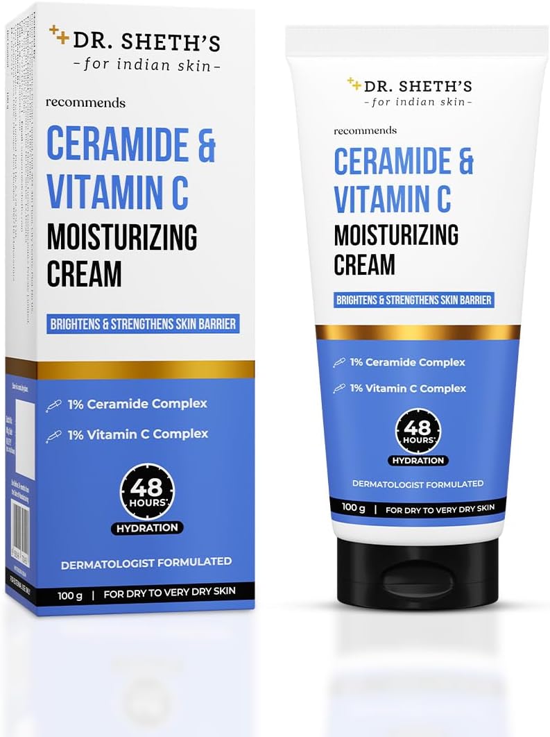 Dr. Sheth's Ceramide & Vitamin C Moisturizing Cream |For Dry to Very Dry Skin | 48hr Deep Hydration | Non Sticky | Biomimetic Ingredients | For Men & Women |100g