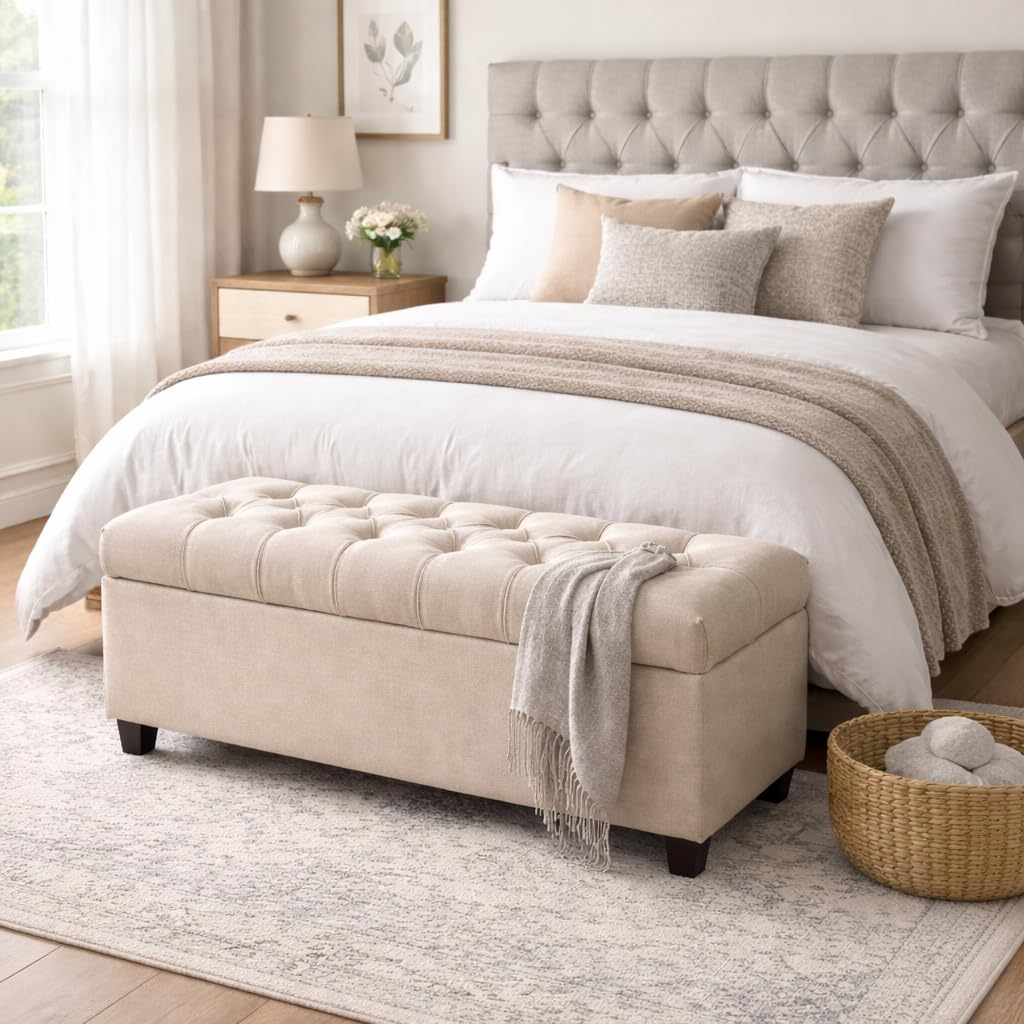 Banc Ottoman En Velours HomePop – Bleu Foncé Capitonné Avec Base Métal Doré – 61 Cm – Pour Salon, Chambre, Rangement