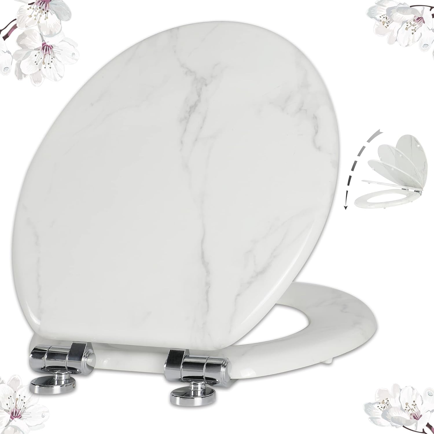 Angel Shield Marble Toilet Seat Durable Molded Wood with Quiet Close,Easy Clean?Quick-Release Hinges (Round,White Marble) Round-16.5“ White Marble-Round