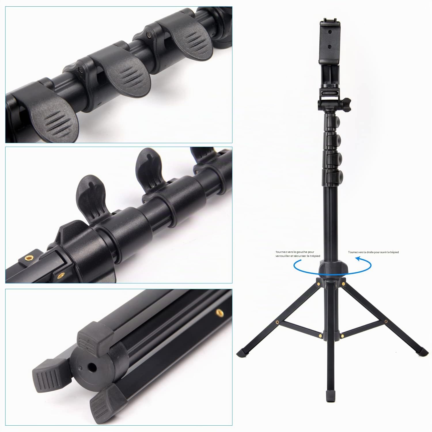 CAMBOFOTO Trépied Téléphone Portable 168cm Aluminium Professionnel,Trepied Smartphone, Support Universel pour Smartphone/iPhone/Appareil Photo, Léger et Portable pour Voyage, Vlogging