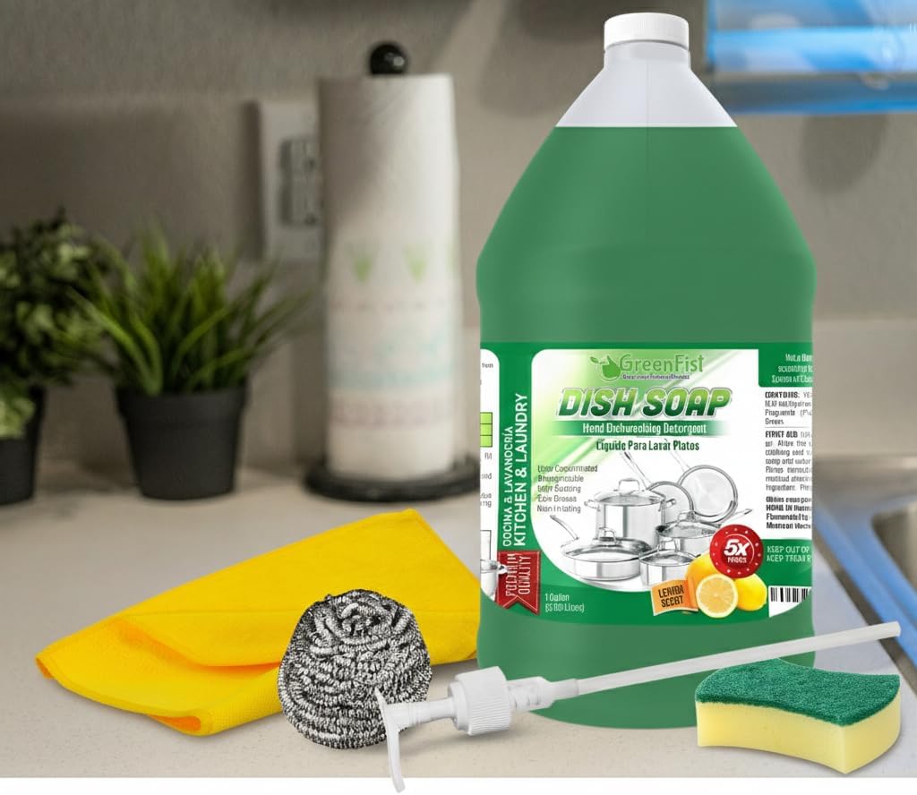 GreenFist Dish Soap Ultimate Kitchen Kit – Pump, Towel, Sponges & Scrubbers, Complete Cleaning Bundle – 1 Gallon, Lemon Scent