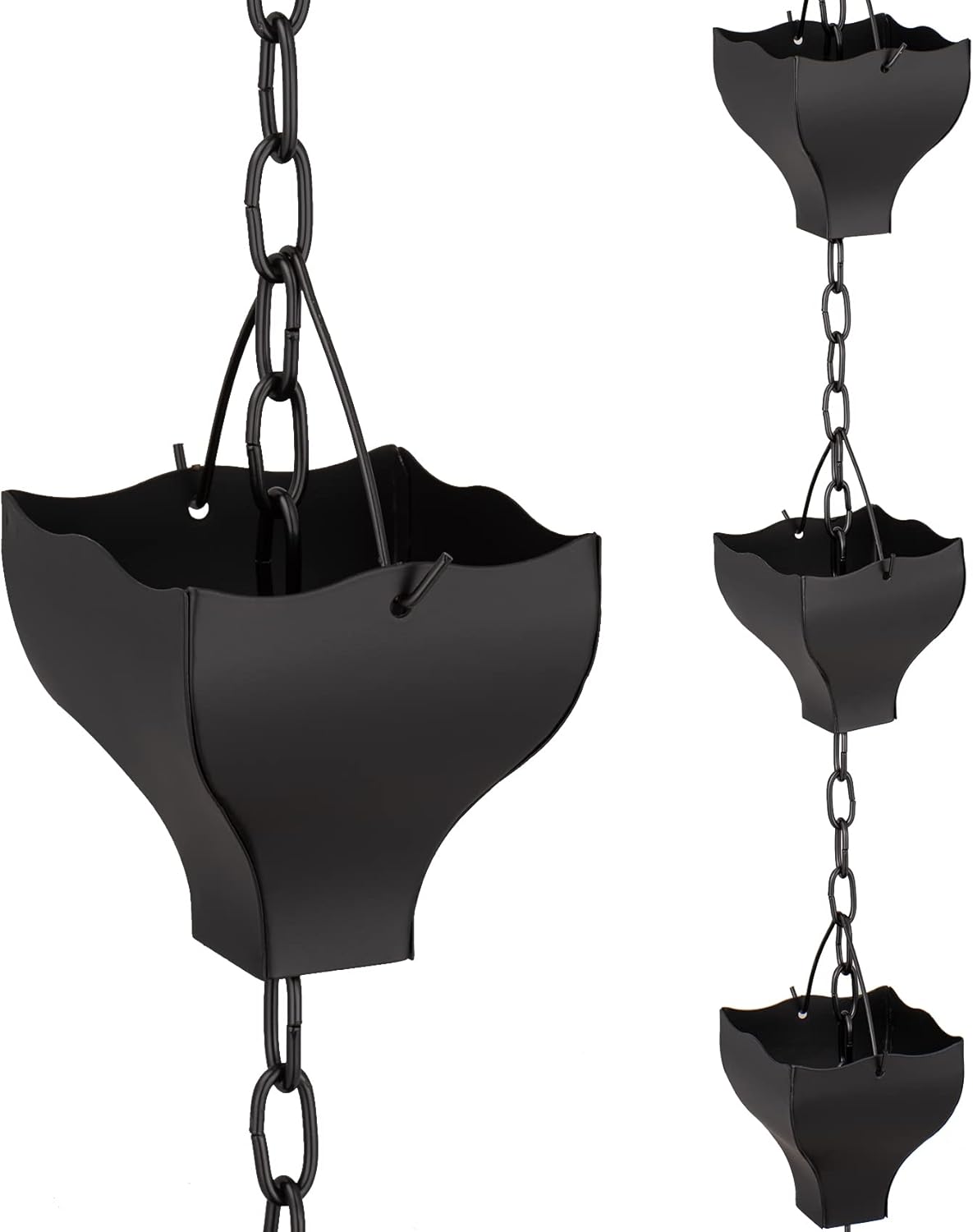 Rifachua 8.5ft Black Rain Chain for Gutters Downspouts Outside, Rain Chains Black Cups Barrel, Functional and Decorative Replacement for Gutter Downspouts