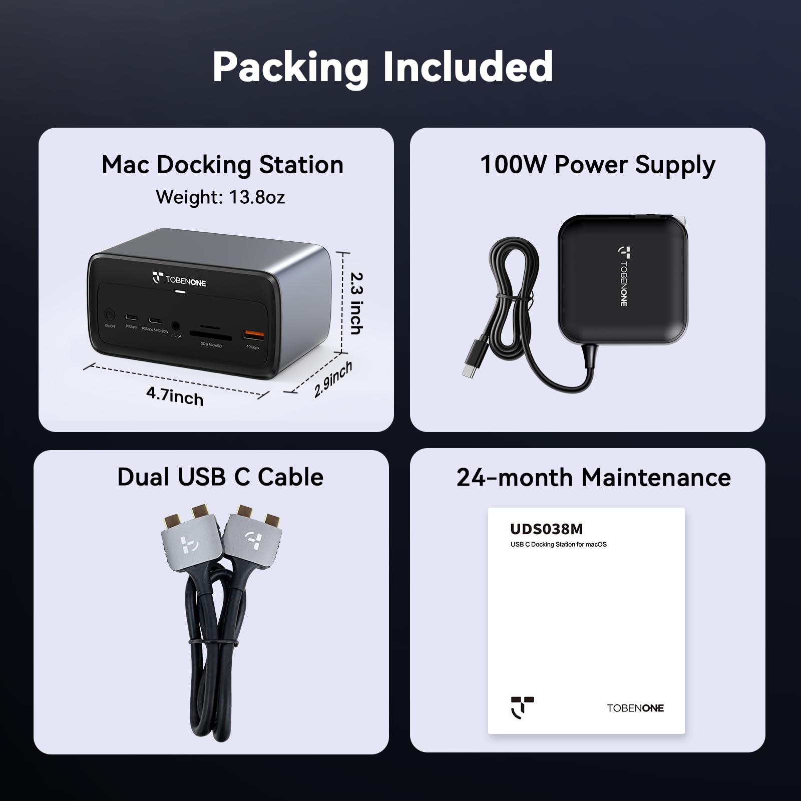 TobenONE Docking station per MacBook Dual 4K a 60Hz, 16-in-2 USB C Docking Station con 2 porte HDMI, 7 porte USB, alimentatore GaN da 100 W e ricarica da 20 W, Ethernet da 2,5 Gbps, per casa e ufficio