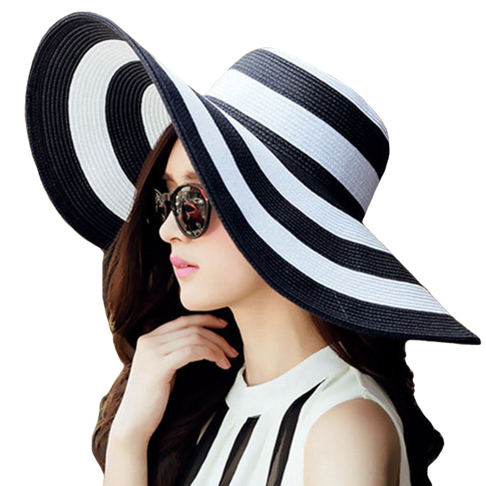 Women's Beachwear Sun Hat Striped Straw Hat Floppy Big Brim Hat Black, One Size