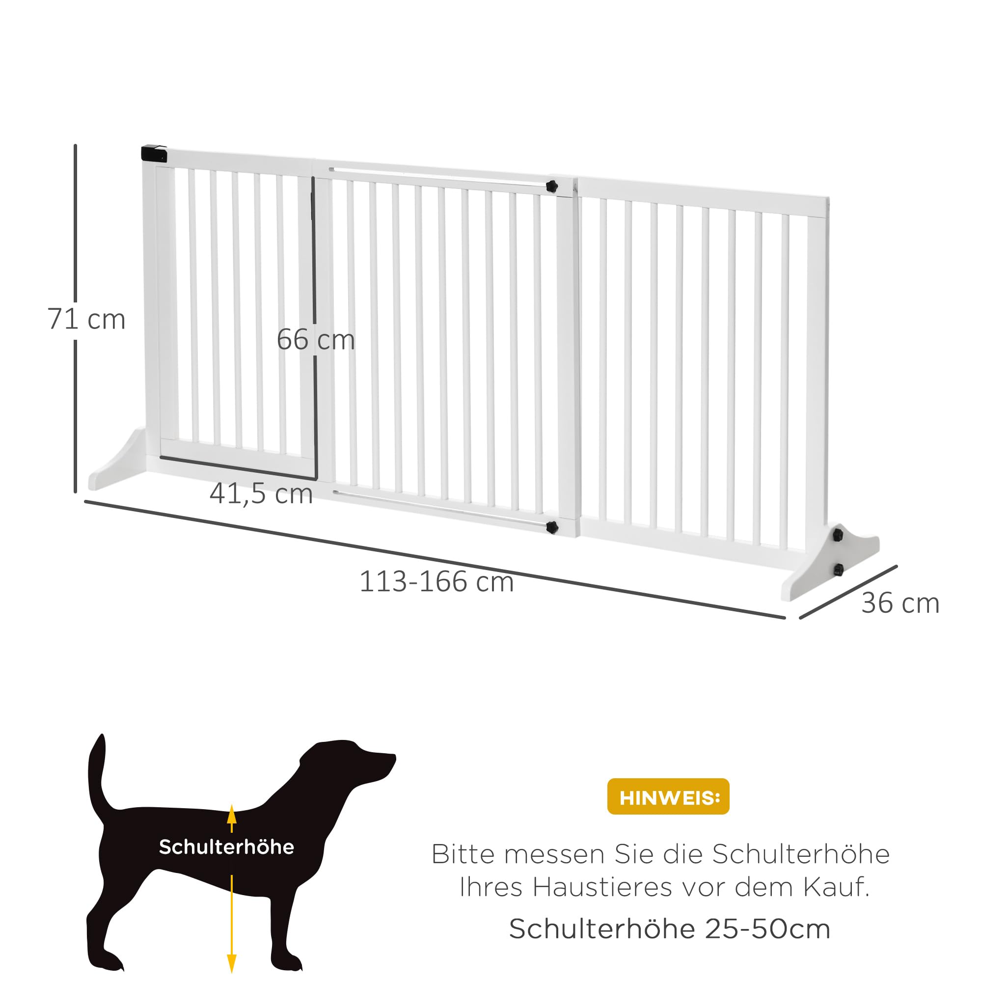 PawHut Absperrgitter Hund Freistehend Verstellbar 113-166 x 71 cm Weiß | Schutzgitter mit Füßen, Treppentürgitter Holz, Hundeabsperrgitter, für Treppen Türen Küche Flur, 3 Paneelen