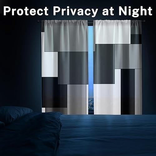 Vista 4 de Cortinas geométricas de cocina negras y grises de 63 pulgadas de largo, juego de 2, cortinas grises y blancas para dormitorio, sala de estar, Gris