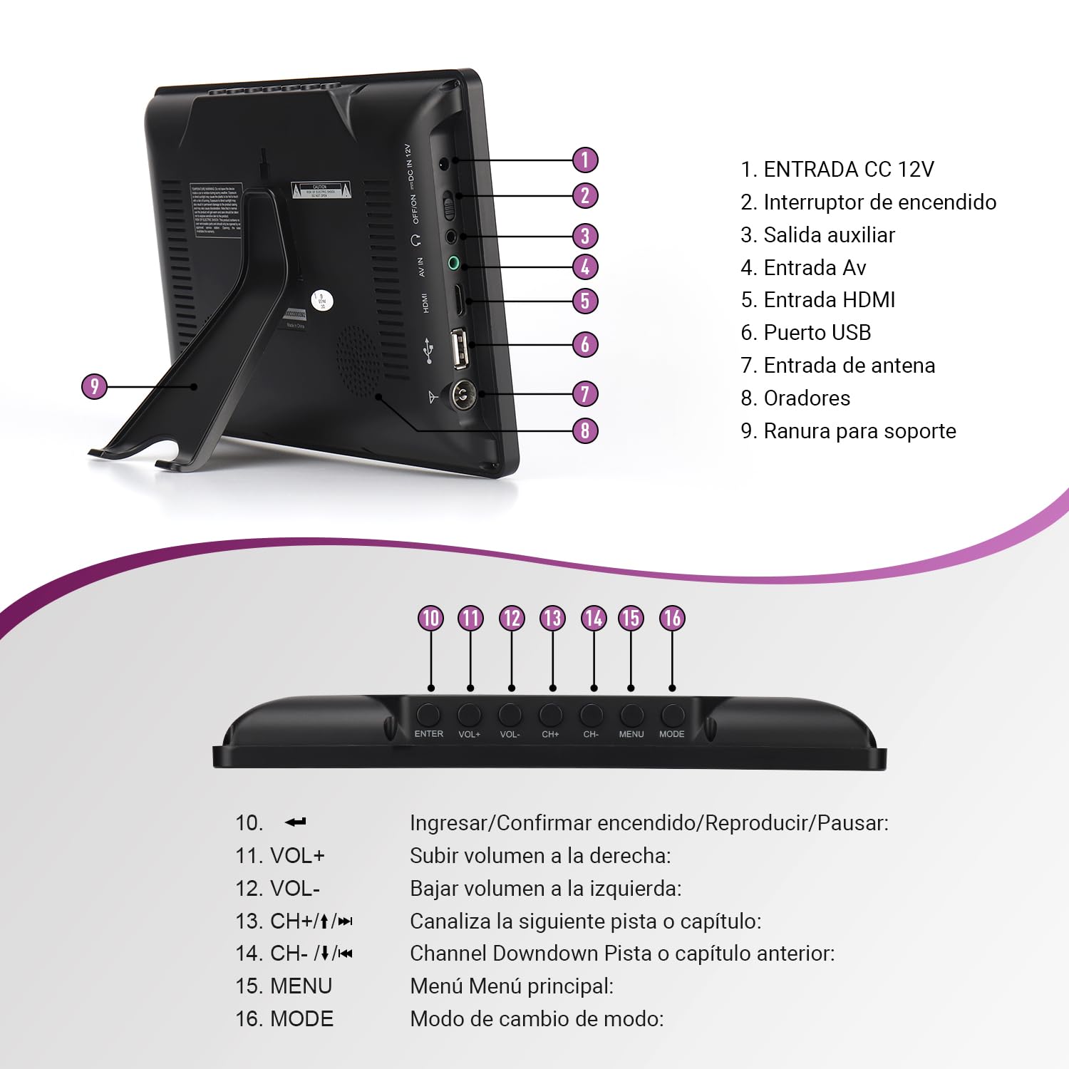 August DA900D TV Portátil TDT 9 Pulgadas Recargable, Mini Televisión Digital con Red, Batería o 12v, DVB-T / T2 HDM USB Jack 3.5, Tele LED y Grabación, Salón Cocina Coche Camión Caravana - Negro