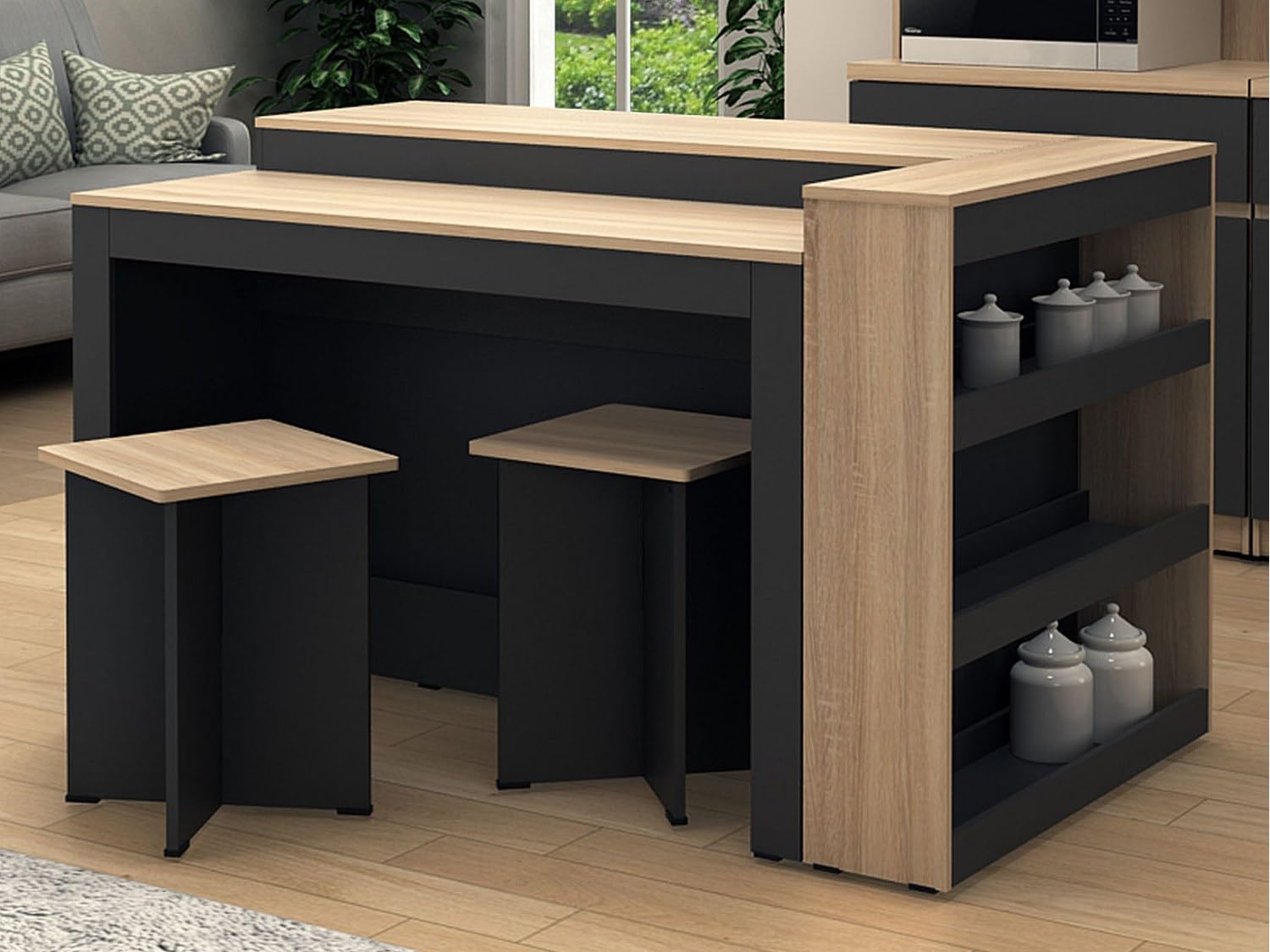 Vente-unique - Ensemble îlot Central de Cuisine + 2 tabourets - Noir et Naturel Clair - NUSICE