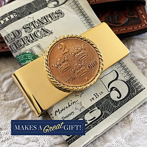 Coin Money Clip - Sweden ORE Crown | Brass Moneyclip Layered in Pure 24k Gold | Holds Currency, Credit Cards, Cash | Genuine Coin | Includes a Certificate of Authenticity3