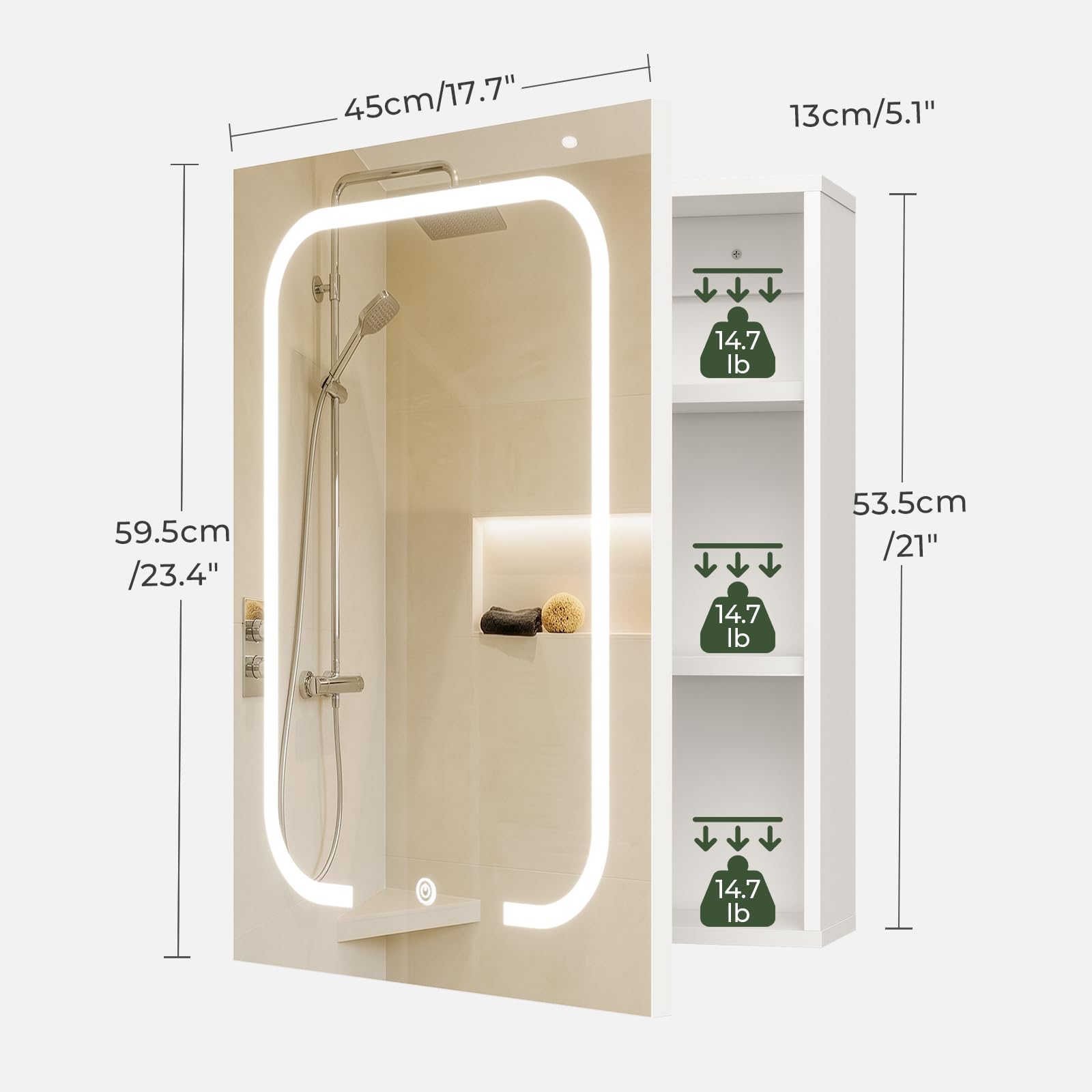 CHOEZON Armario de Baño con Espejo e Iluminación, 3 Temperaturas de Color, Armario de Pared de 45 x 60 cm con Estantes Ajustables, Puerto USB, Interruptor Táctil, Blanco
