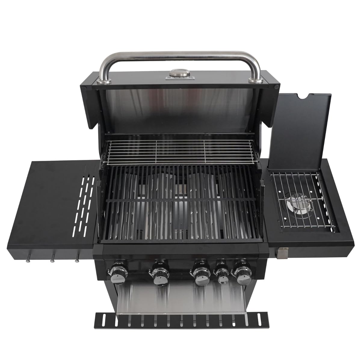 Barbecue a Gas 4 Bruciatori + Fornello Laterale 3,2 kW – BBQ in Acciaio Inox con Griglie in Ghisa Termometro Integrato, Coperchio e Ruote | Cucina da Giardino Professionale