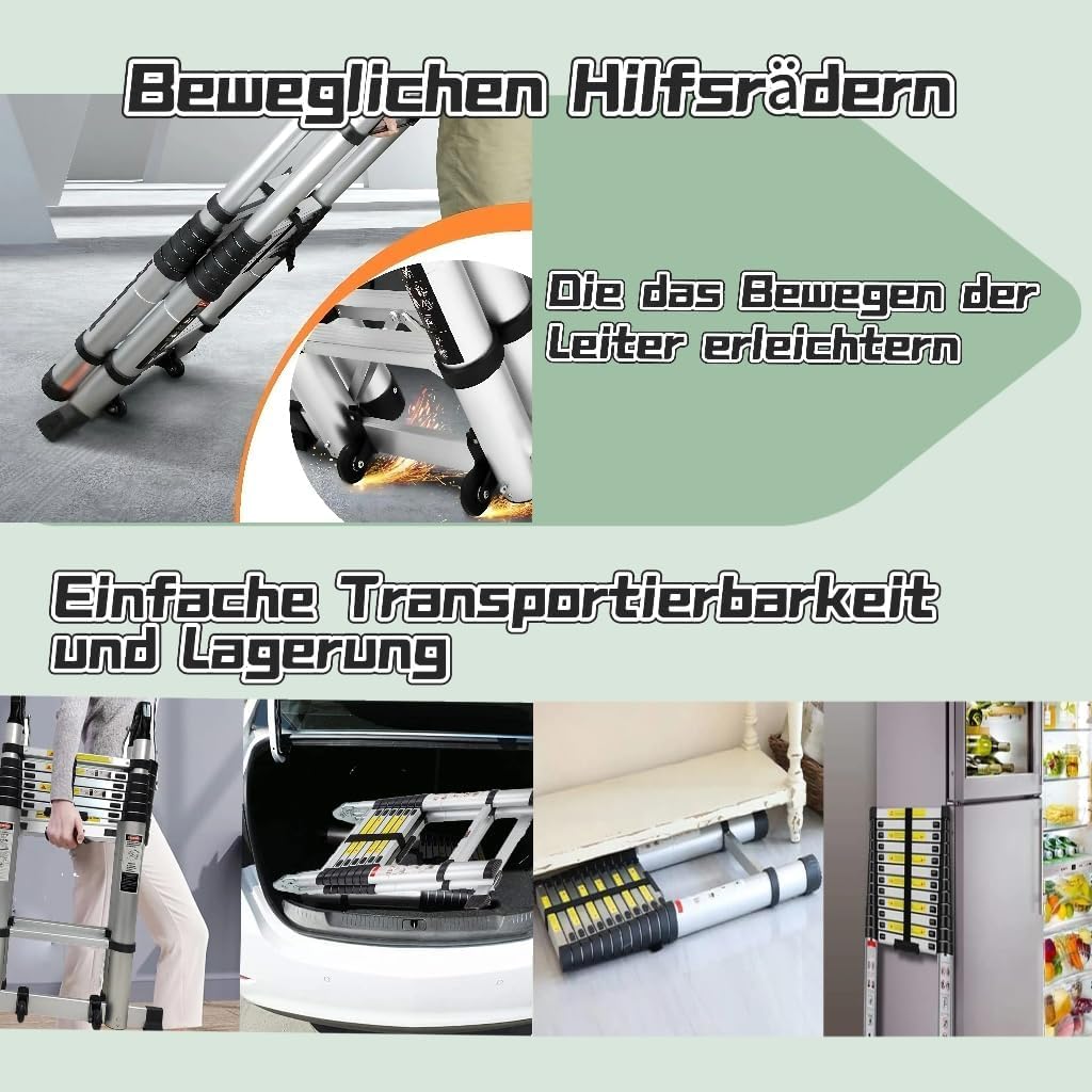 Hooha Teleskopleiter4.2m/5.8m/6.6m Step Ladder für Wohnmobil Wohnmobil-Leiter für Reisen Aluminium Ausziehleiter Strapazierfähig rutschfeste mit Räder für Dachboden Max Belastung Tragkraft 150 kg