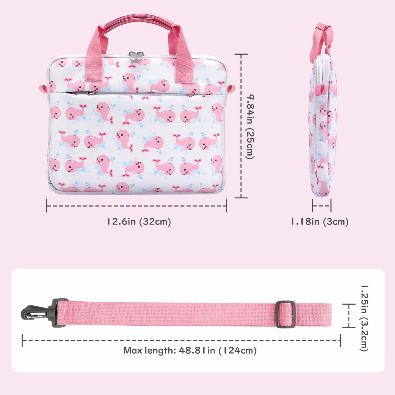 Dadanism Custodia per Tablet per Bambini, Borsa per Tablet da 12.5 Inch, Borsetta per Tablet con Manico e Tracolla per Fire HD 10 Kids/Fire HD 10 Kids Pro 13th/11th Gen 2023/2021, Balena Rosa