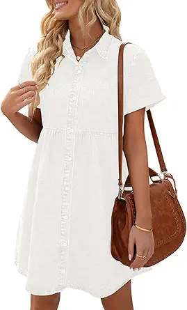 LookbookStore Women's Short Sleeve Button Down Flowy Tiered Babydoll Denim Dress