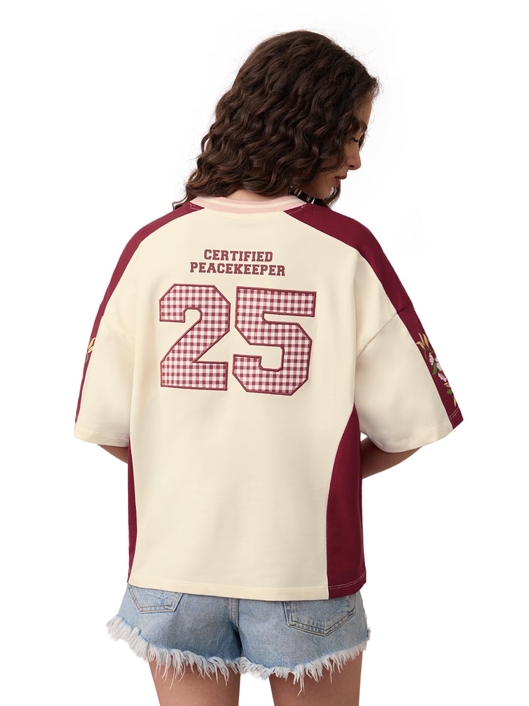 the souled store No Drama Women and Girls Short Sleeves V-Neck Cream and Maroon Graphic Printed Cotton Casual Drop Shoulder Breathable Lightweight All Season Oversized T-Shirts-picture-19