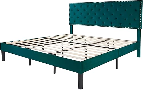 Miniatura 74 de SHA CERLIN Base de cama de terciopelo tamaño Queen con cabecera ajustable, botón de diamante y decoración de remaches, no necesita somier, color