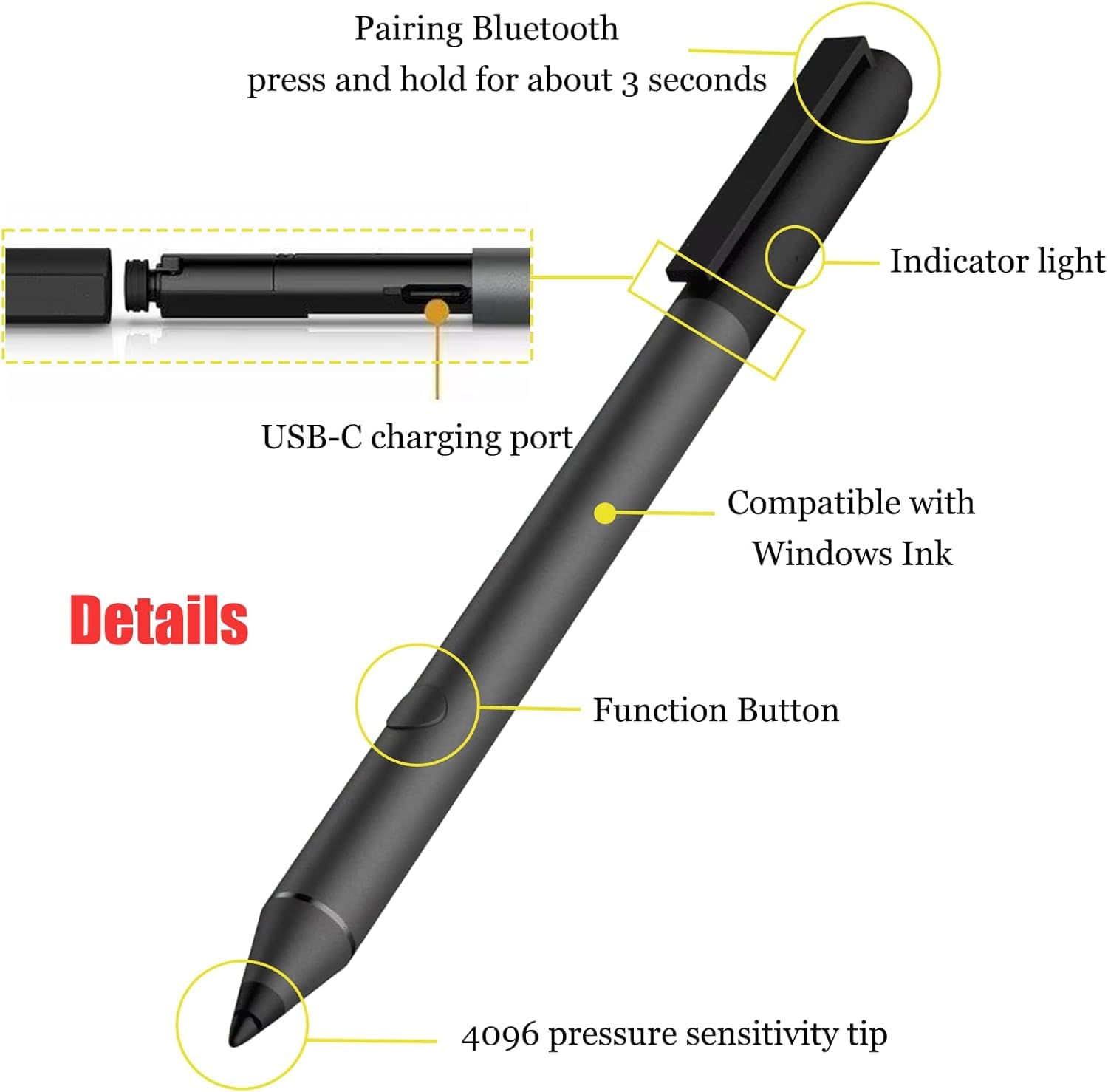 Tilt Pen per HP Tilt Pen (2MY21AA) - Penna stilo digitale, 2 tasti programmabili, Bluetooth, ricaricabile, colore: Nero