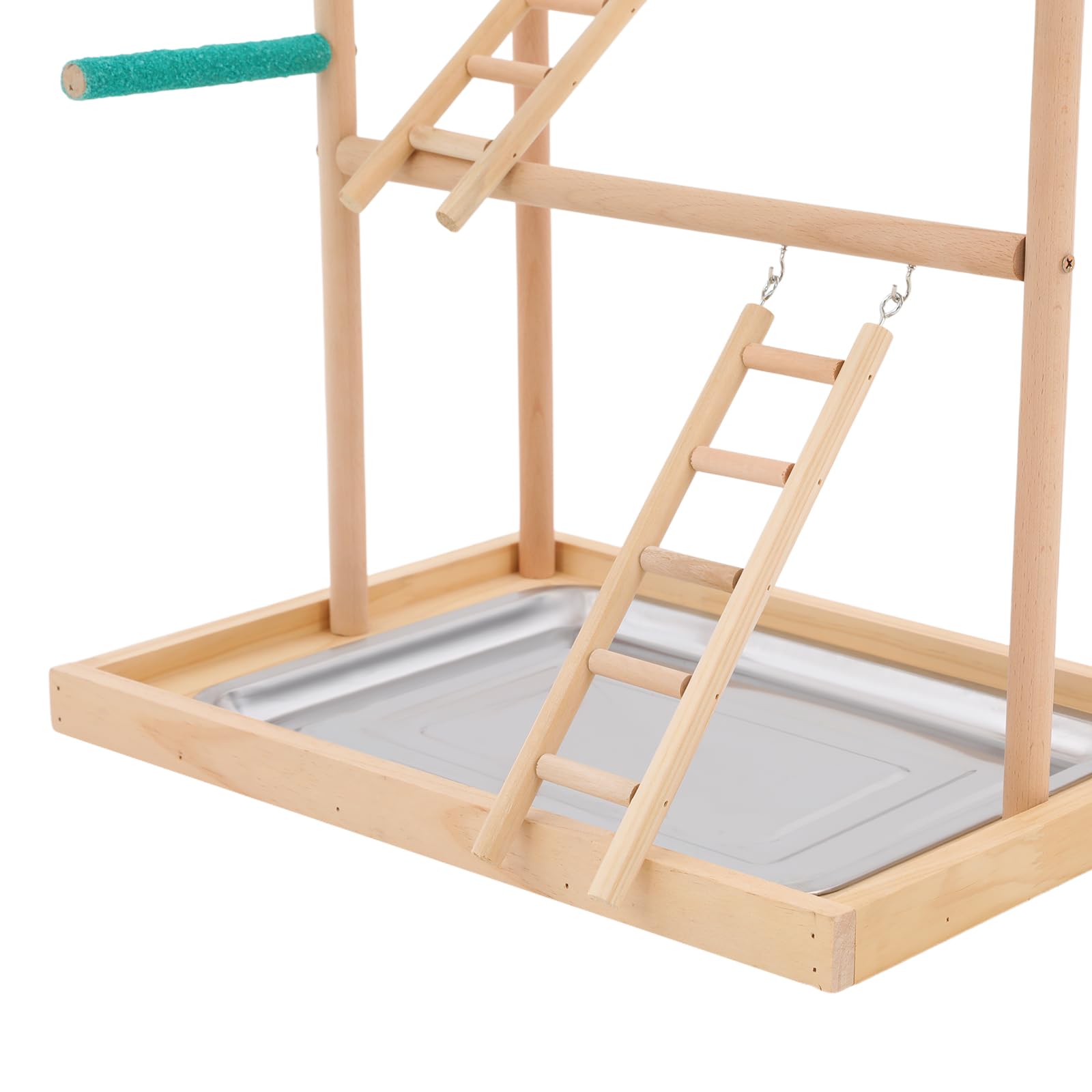 Papageien-Spielplatz aus Buchenholz mit Edelstahl-Futterbechern, Holzschaukel, Leiter, Bunte Kunststoffkette für Haustiere, Vogelspiele, 48*33.5*94.5 cm, XL