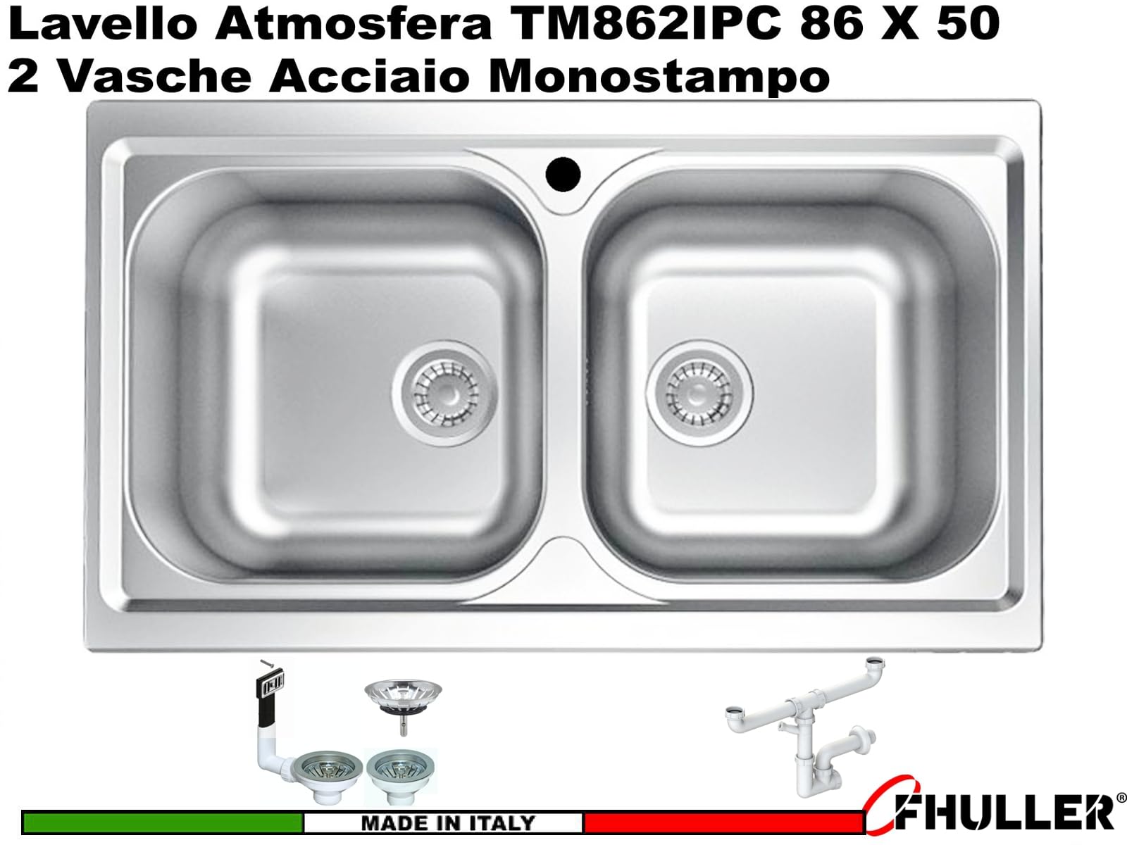 TM862IBC Lavello da incasso 2 vasche | Acciaio Inox Prelucido | 86x50 cm | Foro Scarico 3,5” | Lavello Cucina Resistente, Igienico e Facile da Pulire