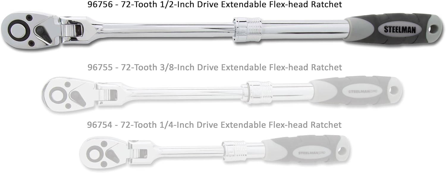 Steelman Pro 1/2-inch Drive 72-Tooth Extendable Flex-Head Ratchet (13.5-19-Inch Length), Heat-Treated Chrome-Vanadium Steel, Quick Release, Comfort Grip, Ideal for Auto Mechanics/Confined Spaces